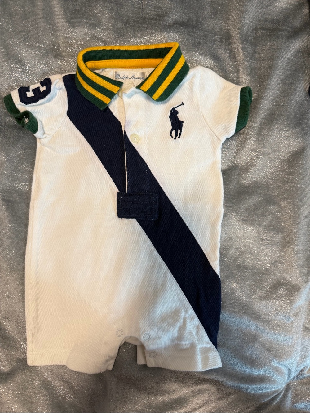 Ralph Lauren White Baby Polo Romper with Navy Stripe and Green-Yellow Collar